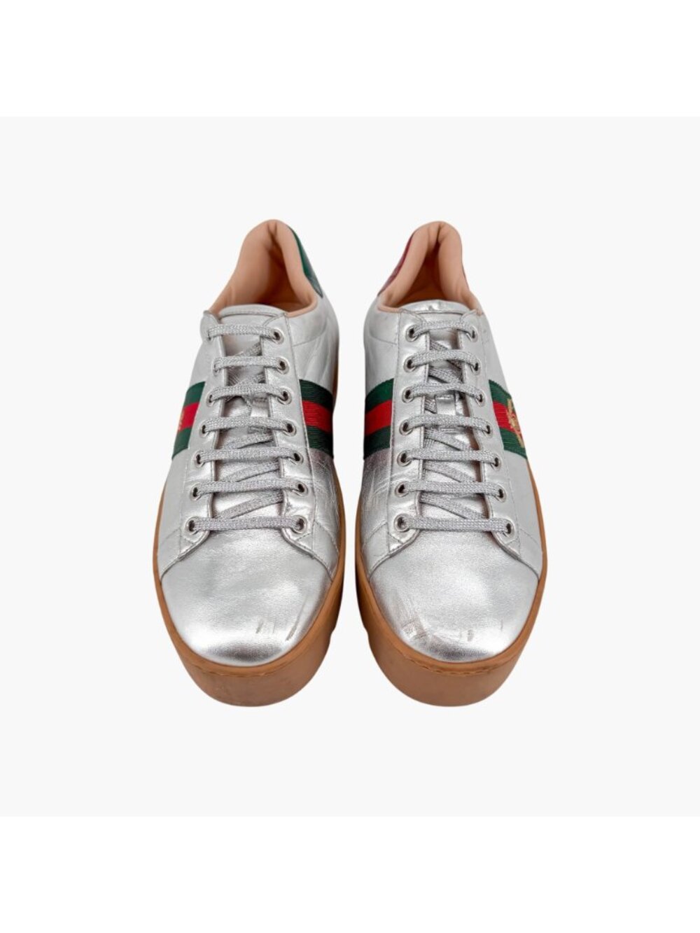 Gucci Ace Bee Silver Leather Platform Low Top Sneakers Shoes Size 41 US 11 Women - Picture 2 of 15